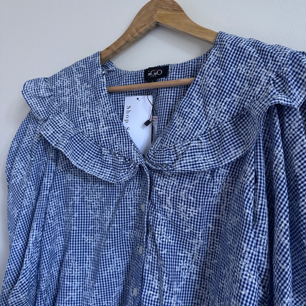 NEW Gigio Gingham Floral Puff Sleeve Top size small blue ruffle boho NWT blouse - Picture 4 of 6